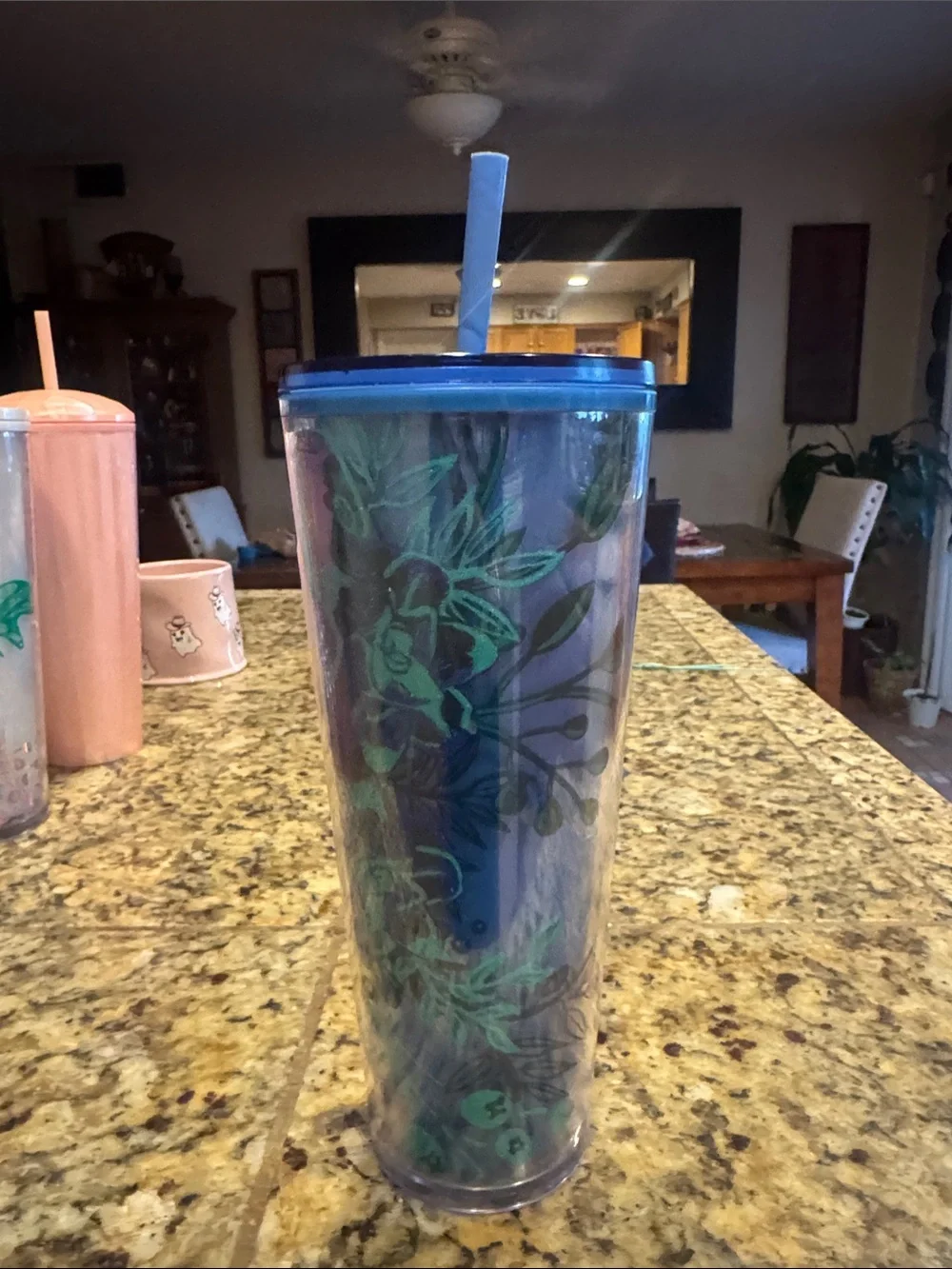 Starbucks Blue Tumbler with Green Floral Accents and Straw